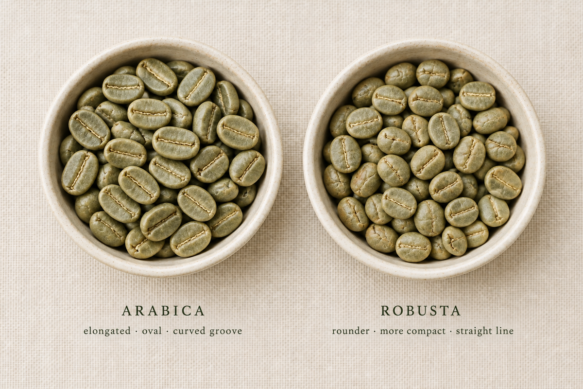 Grüne Arabica- und Robusta-Rohkaffeebohnen in zwei Schalen nebeneinander, Formunterschied erkennbar