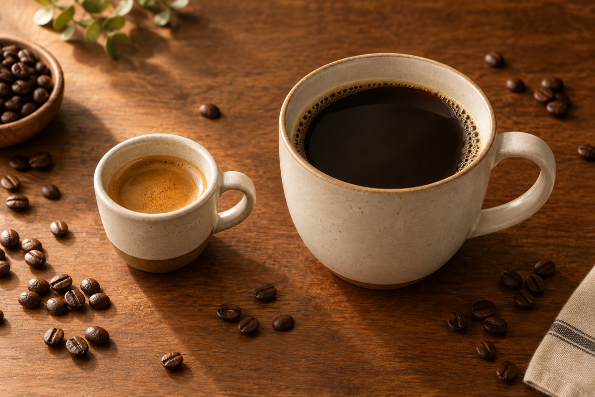 Espressotasse und große Filterkaffeetasse nebeneinander im Größenvergleich mit ganzen Kaffeebohnen