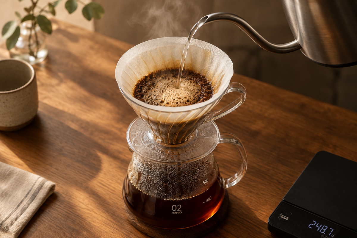 Filterkaffee wird mit einem Schwanenhalskessel in einen Handfilter auf einer Glaskanne aufgegosse