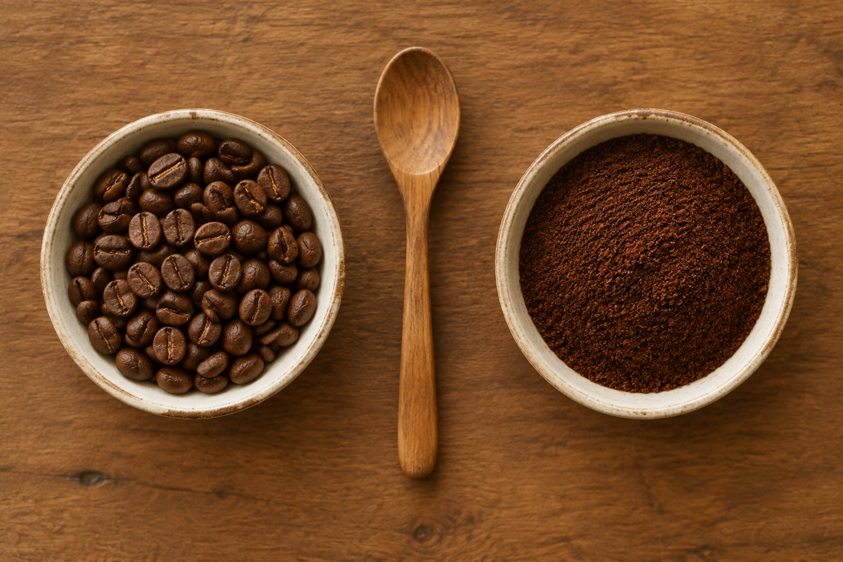 Eine Schale ganze Kaffeebohnen und eine Schale gemahlener Kaffee nebeneinander auf Holz