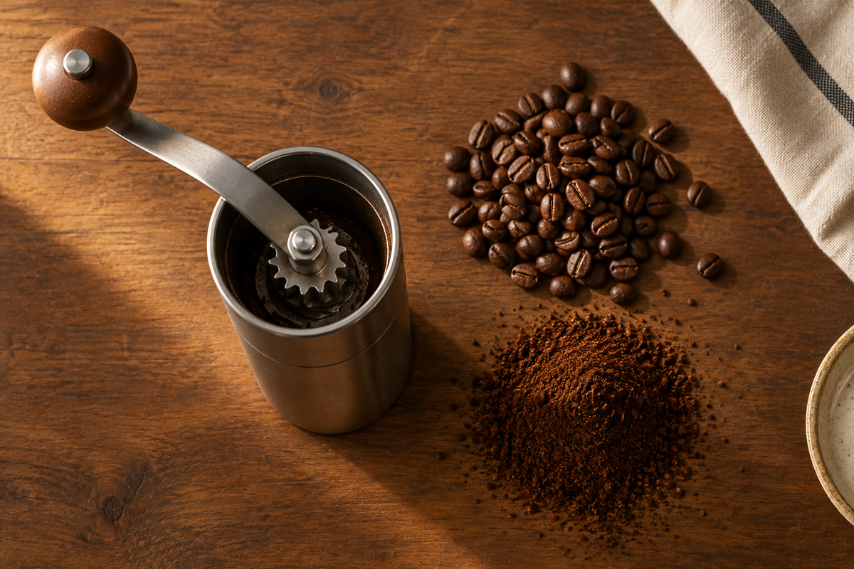  Geöffnete Handmühle mit ganzen Kaffeebohnen und frisch gemahlenem Kaffee daneben auf Holz