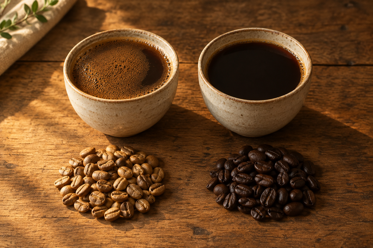 Zwei Cupping-Schalen mit kolumbianischem Kaffee und ganze Bohnen auf einem Holztisch im Vergleich