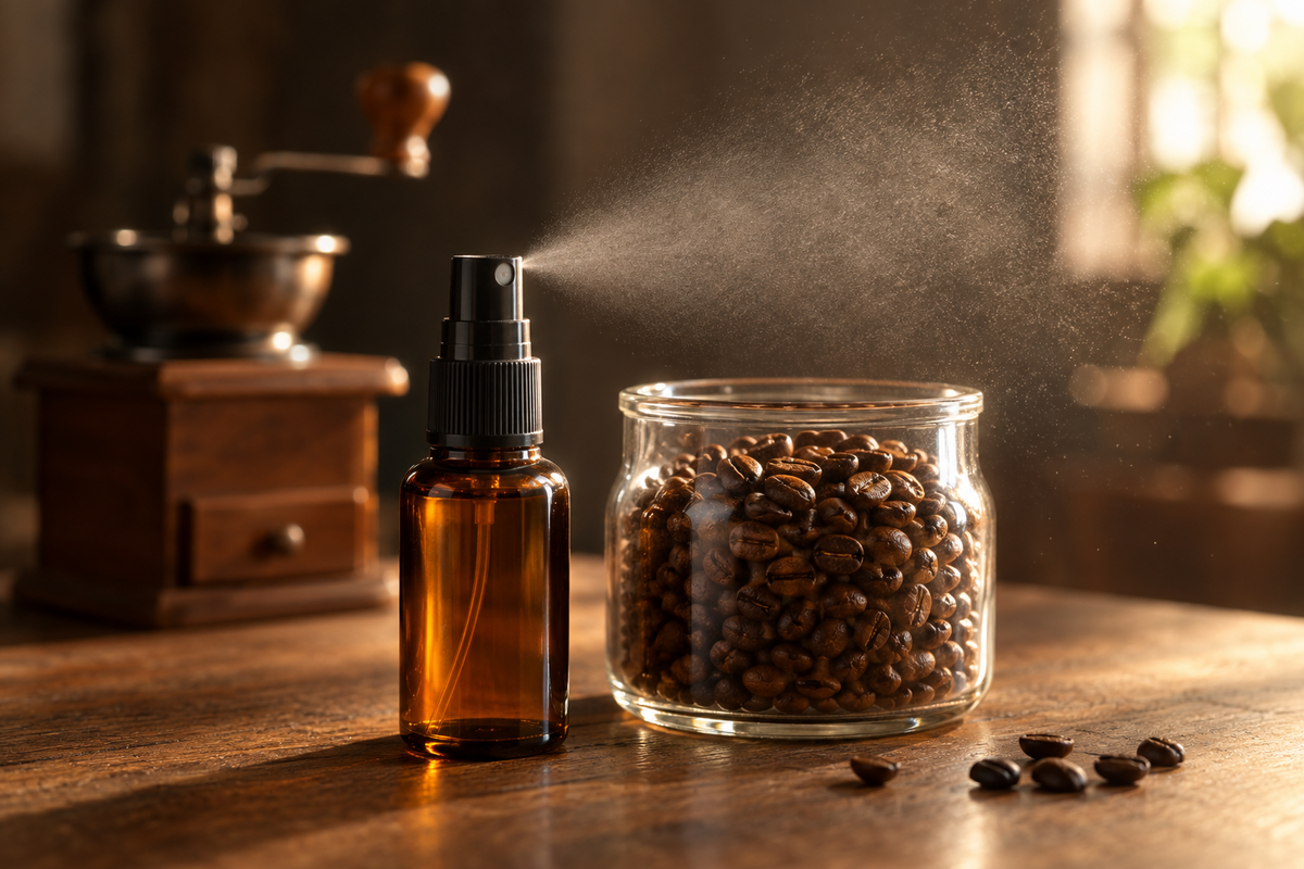 Feine Sprühwolke aus einem kleinen Sprühflakon über ganzen Kaffeebohnen in einem Glasbehälter