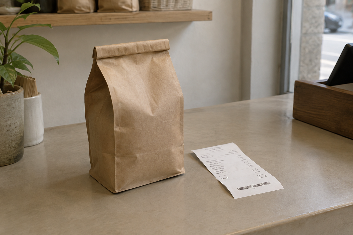 Kaffeepackung mit Kassenbon auf einer Ablage als Sinnbild für gestiegene Kaffeepreise