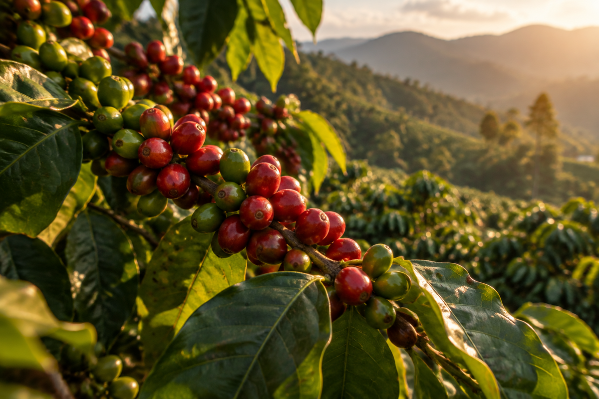 Kaffeestrauch mit reifen roten und grünen Kaffeekirschen vor dem Hang einer Bergplantage