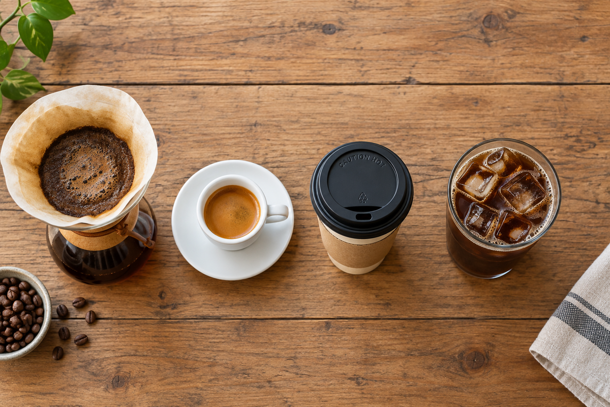 Verschiedene Kaffeezubereitungen nebeneinander: Handfilter, Espresso, To-go-Bec