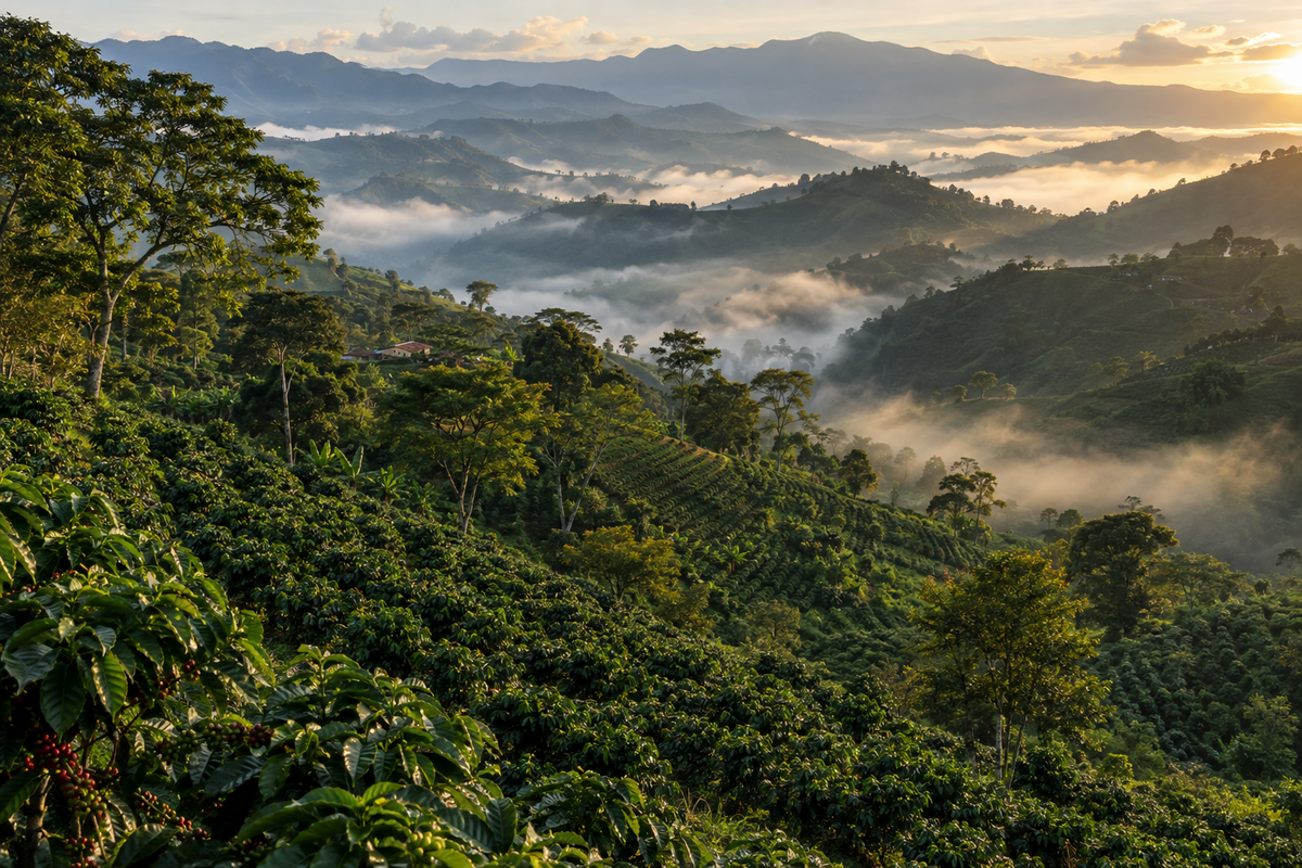 Terrassierte Kaffeehänge in einer kolumbianischen Berglandschaft mit Morgennebel in den Tälern