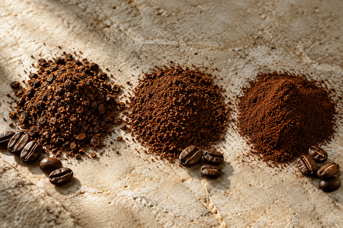 Drei Häufchen Kaffeemehl unterschiedlicher Körnung im Streiflicht, daneben ganze Kaffeebohnen