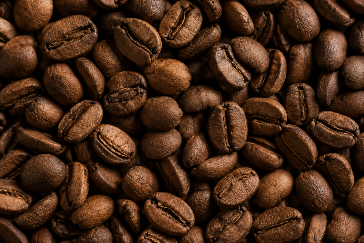 Gleichmäßig mittelbraun geröstete Kaffeebohnen mit matter Oberfläche in Nahaufnahme von oben