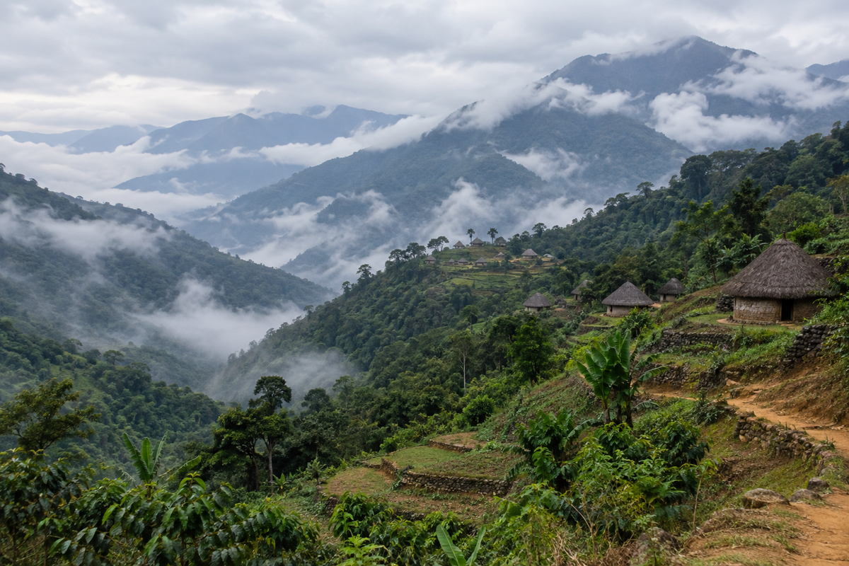 Bewohnte Höhenlage in der Sierra Nevada de Santa Marta mit terrassierten Hängen und traditionellen Rundhäusern