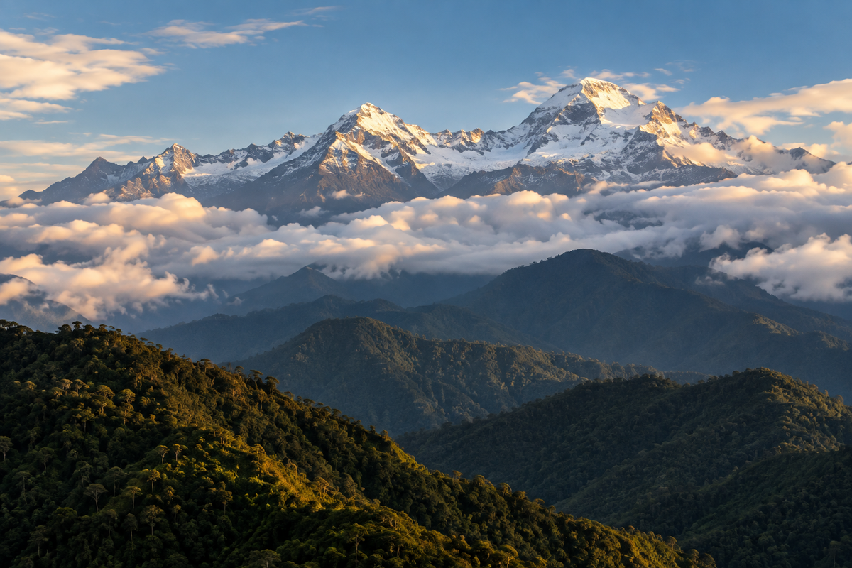  Schneebedeckte Gipfel der Sierra Nevada de Santa Marta über Wolkenbänken und bewaldeten