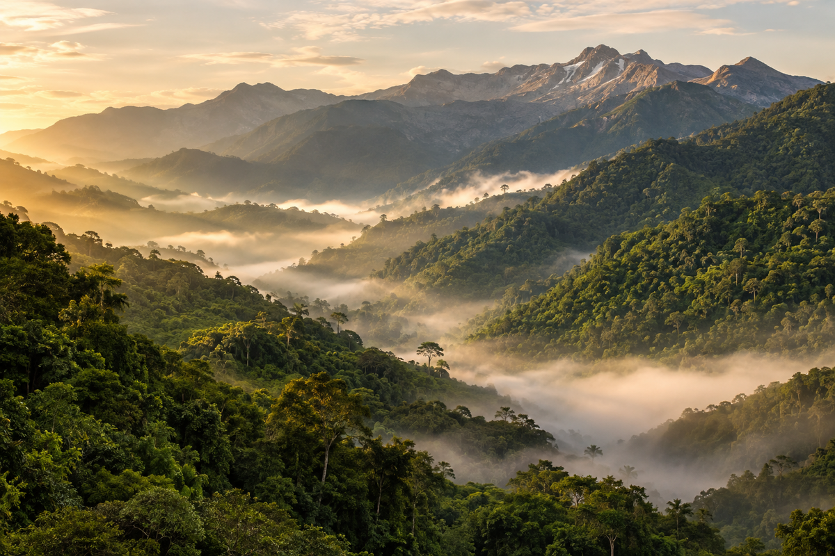 Bewaldete Hänge der Sierra Nevada de Santa Marta im Morgenlicht mit Nebel in den Tälern und Gipfeln im Hintergrund