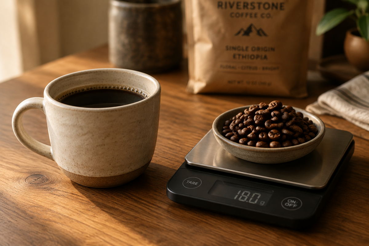 Gefüllte Kaffeetasse neben einer digitalen Waage mit abgewogenen Kaffeebohnen