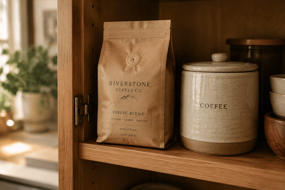 Verschlossene Kaffeeverpackung mit Aromaventil und eine Kaffeedose in einem Küchenschrank