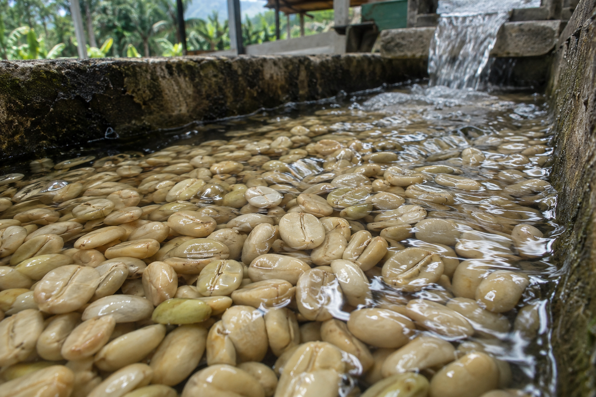 Frisch entpulpte Kaffeebohnen in heller Pergamentschale in einem Wasserkanal