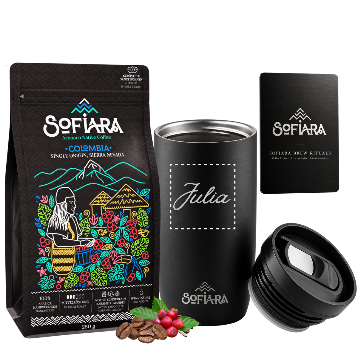 Sofiara Kaffee Geschenkset personalisiert | 250 g Arabica & Thermobecher 420 ml