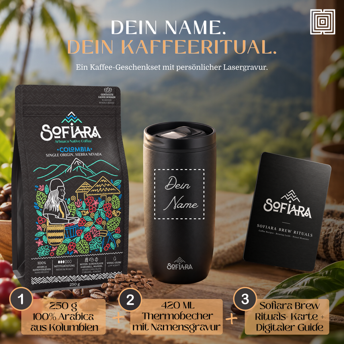 Sofiara Kaffee Geschenkset personalisiert | 250 g Arabica & Thermobecher 420 ml