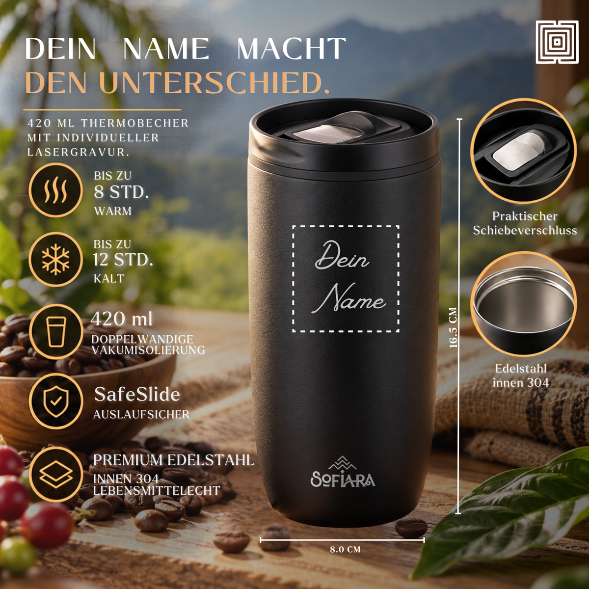Sofiara Kaffee Geschenkset personalisiert | 250 g Arabica & Thermobecher 420 ml