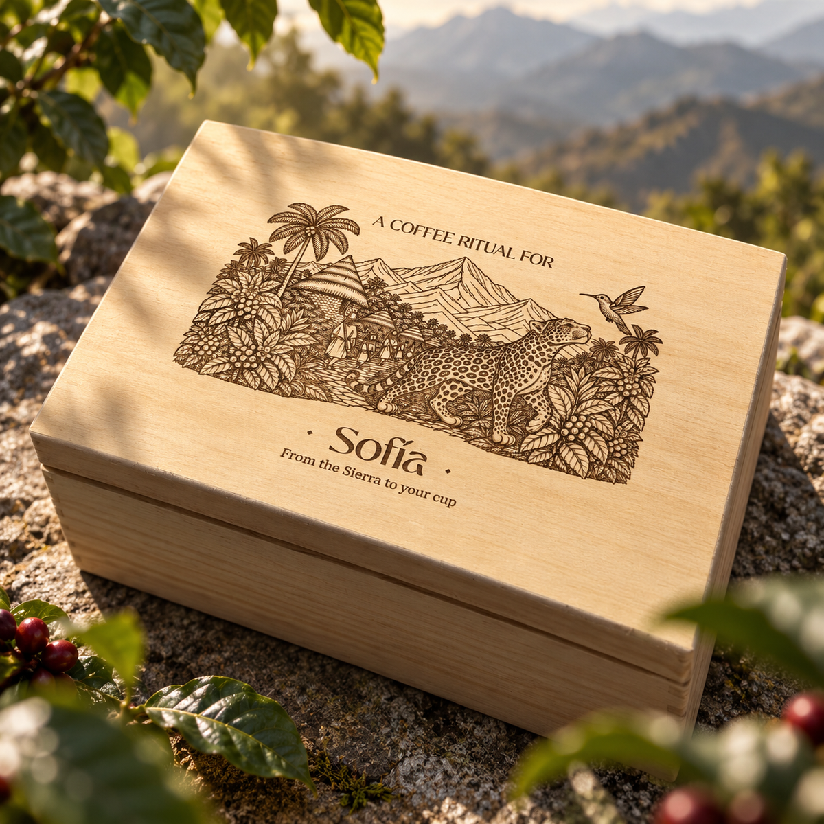 Kaffee aus der Sierra in einer personalisierten Holzbox. Sofiara Ritual Box - Personalisierte Kaffee-Geschenkbox