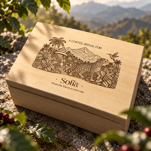 Kaffee aus der Sierra in einer personalisierten Holzbox. Sofiara Ritual Box - Personalisierte Kaffee-Geschenkbox