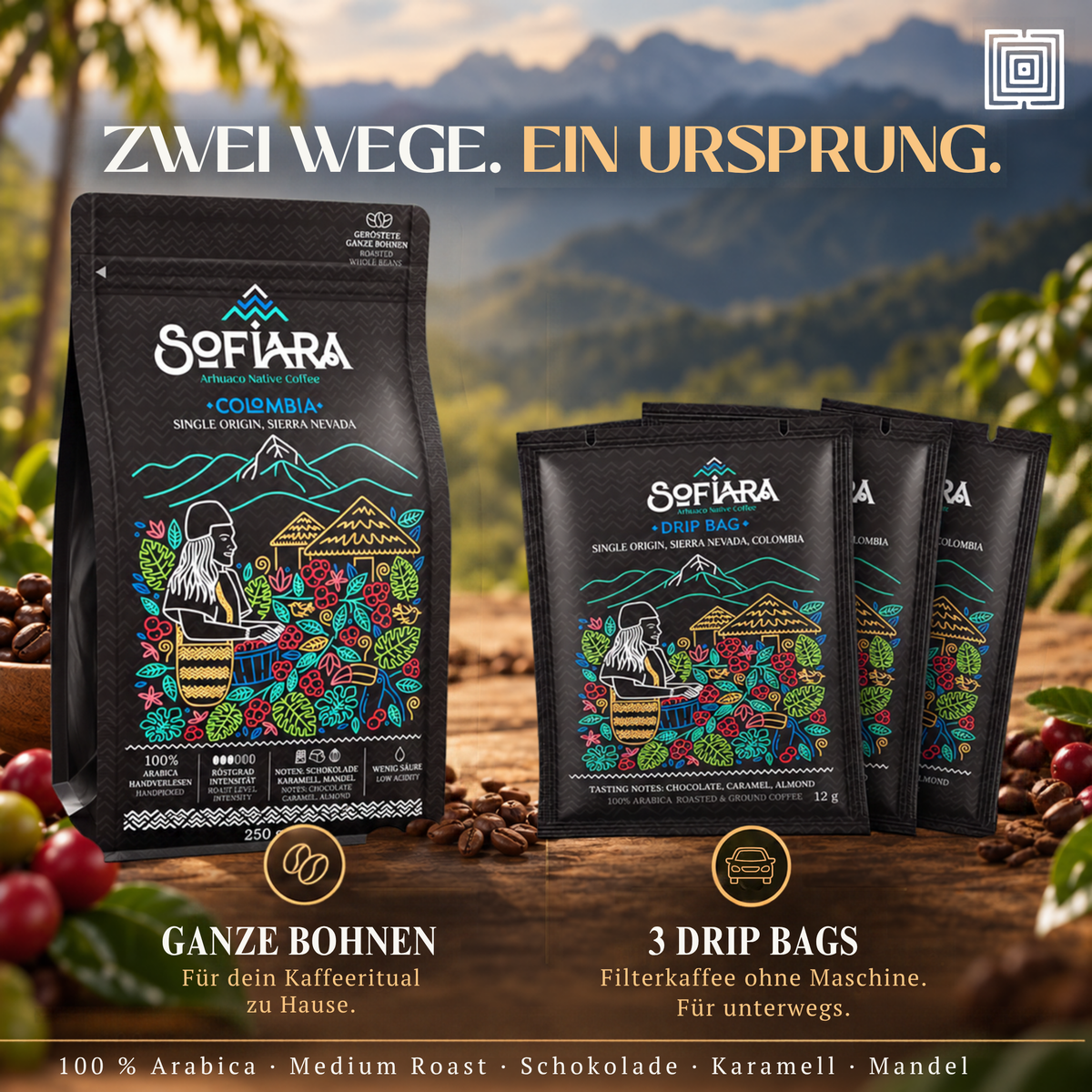 Sofiara Kaffee Geschenkbox | 250 g Arabica, Thermobecher & 3 Drip Bags