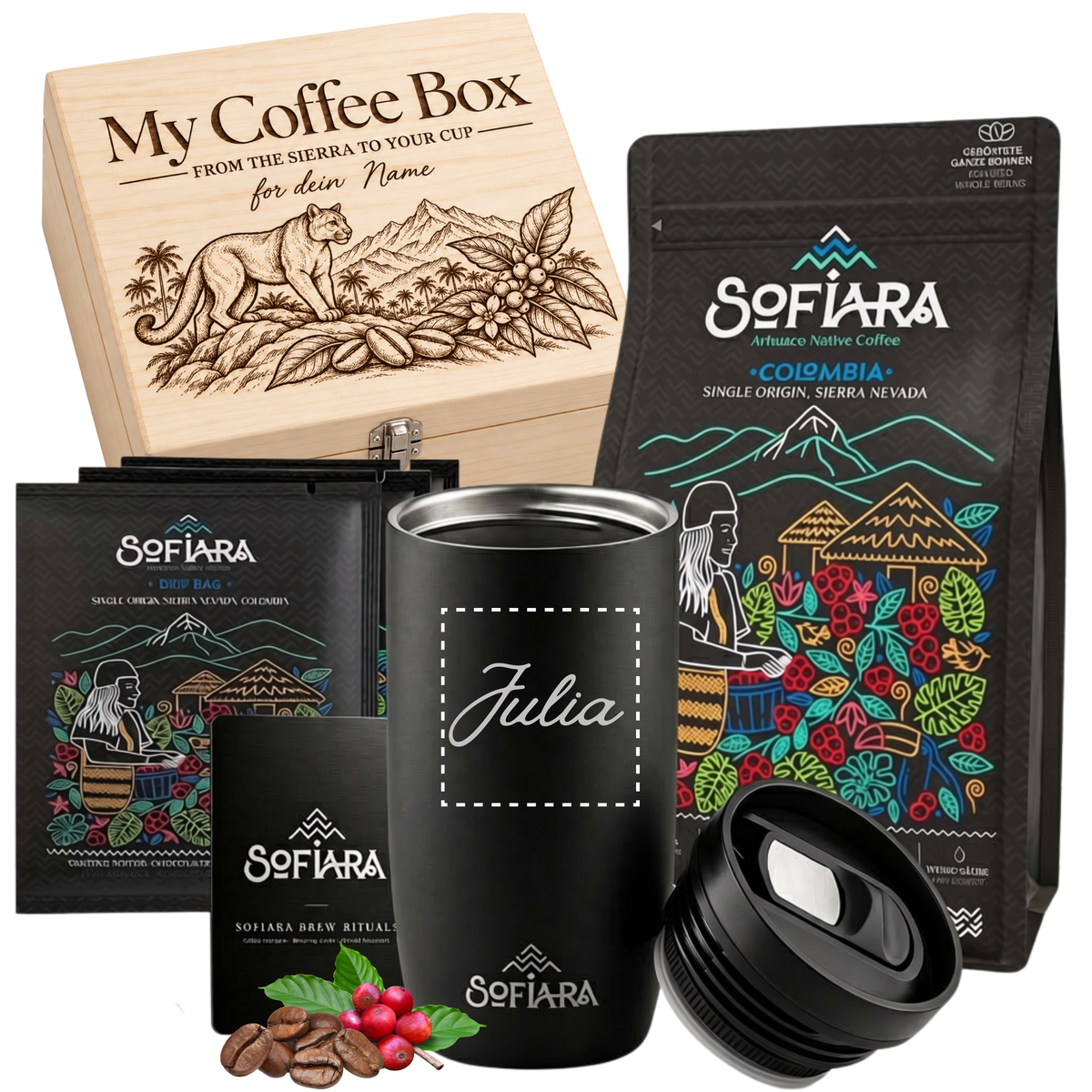 Sofiara Kaffee Geschenkbox personalisiert | 250 g, Thermobecher & Drip Bags