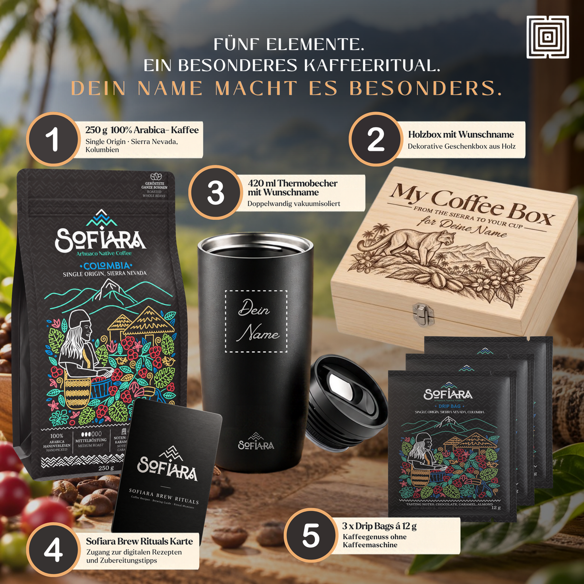 Sofiara Kaffee Geschenkbox personalisiert | 250 g, Thermobecher & Drip Bags