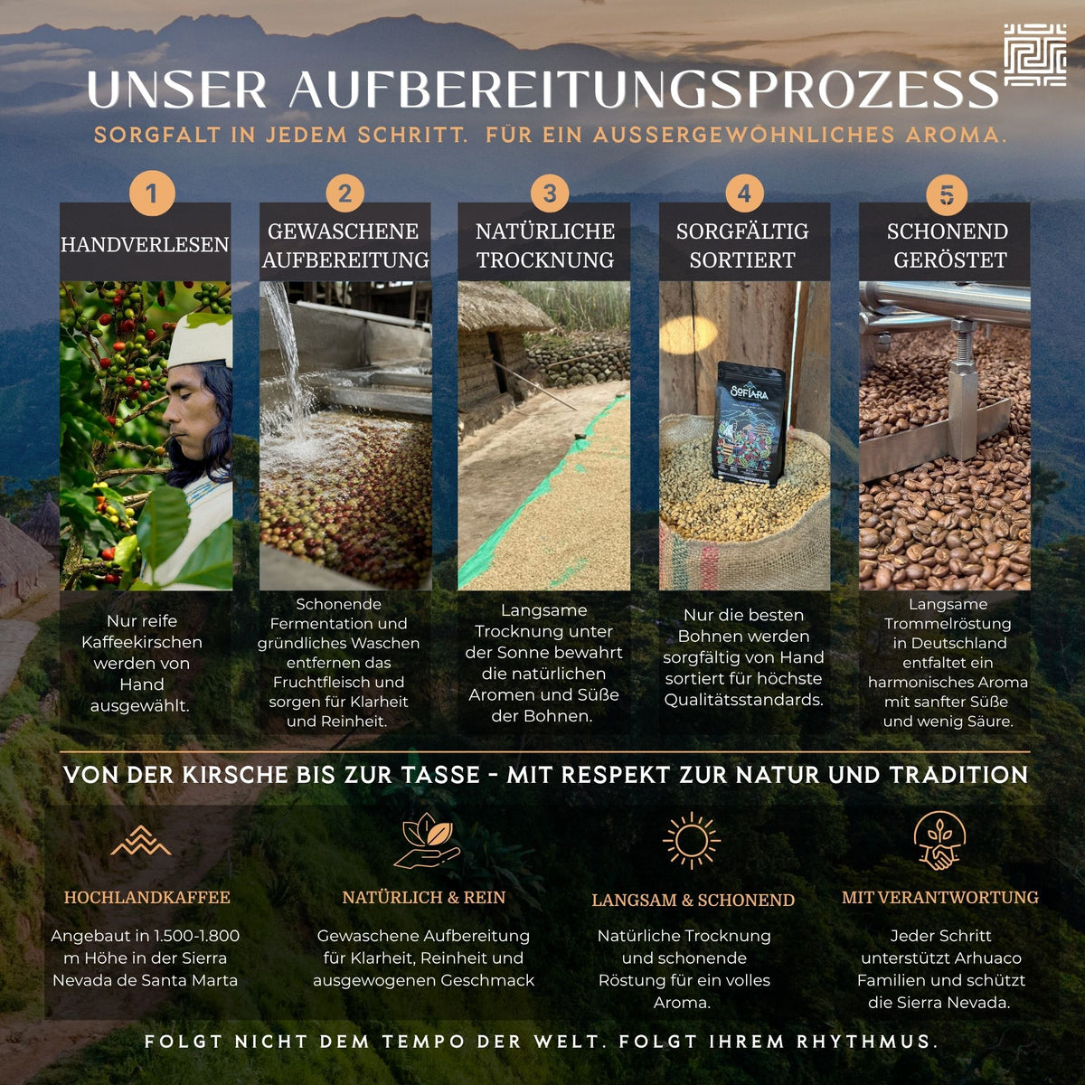 Ganze Bohnen für deinen Kaffee zu Hause. Für Filter, Siebträger oder Vollautomaten. Arhuaco Native Coffee | 500 g