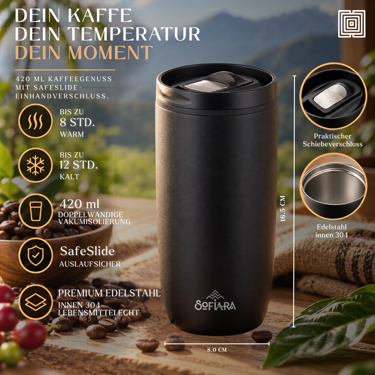Sofiara Kaffee Geschenkbox | 250 g Arabica, Thermobecher & 3 Drip Bags