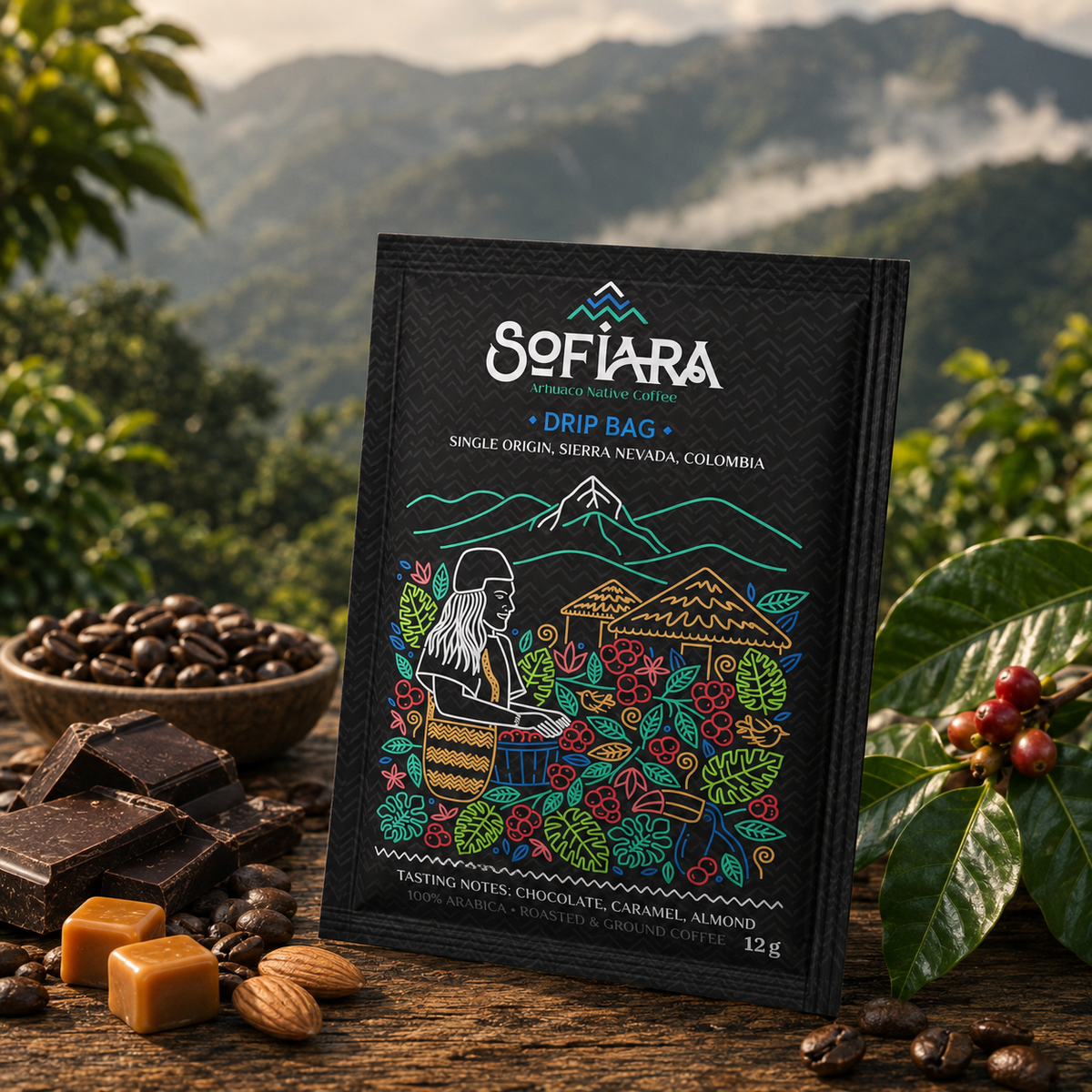 Specialty Coffee ohne Maschine. Aufreißen, aufgießen und genießen. Sofiara Drip Bags – Arhuaco Native Coffee Anywhere | 10 × 12 g
