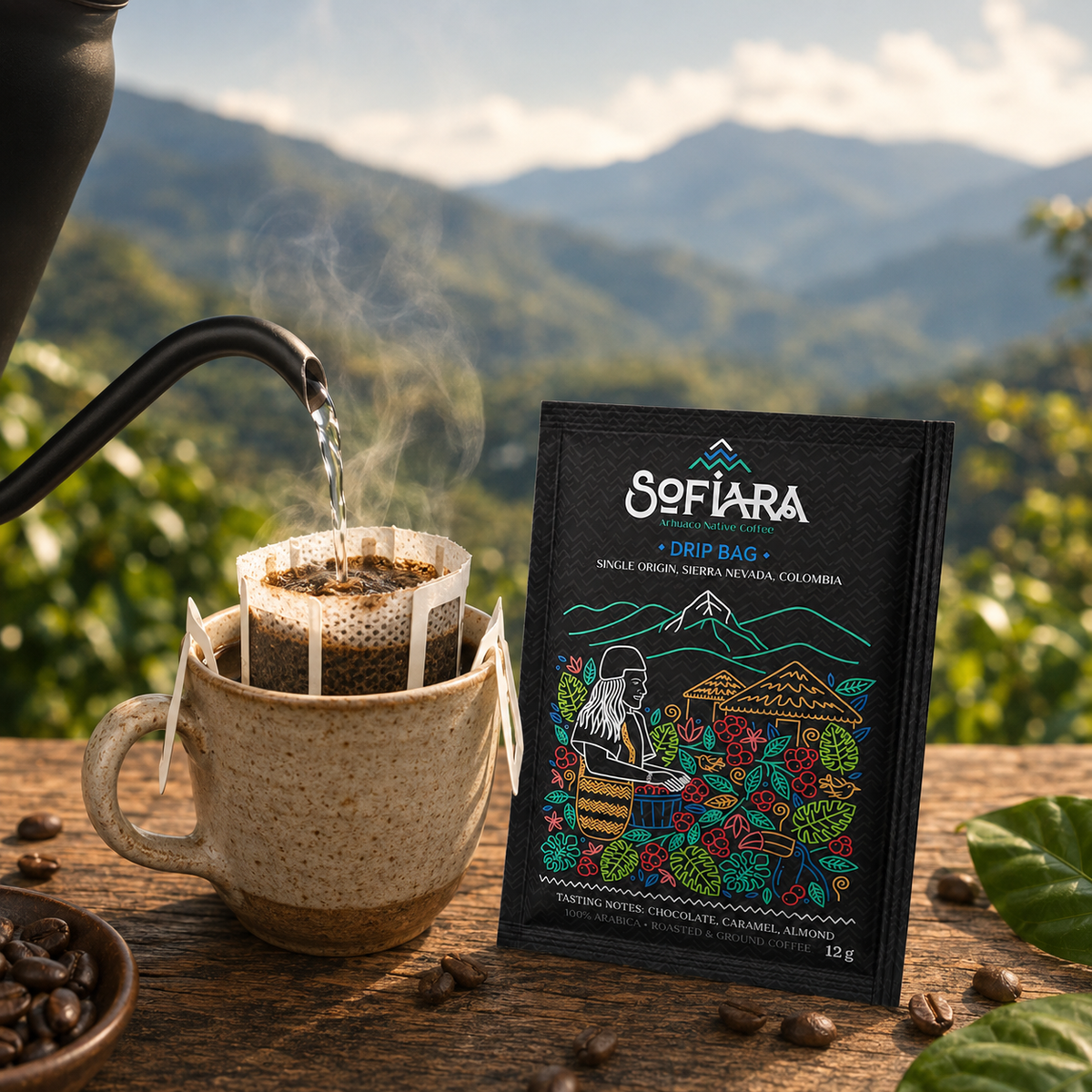 Specialty Coffee ohne Maschine. Aufreißen, aufgießen und genießen. Sofiara Drip Bags – Arhuaco Native Coffee Anywhere | 10 × 12 g
