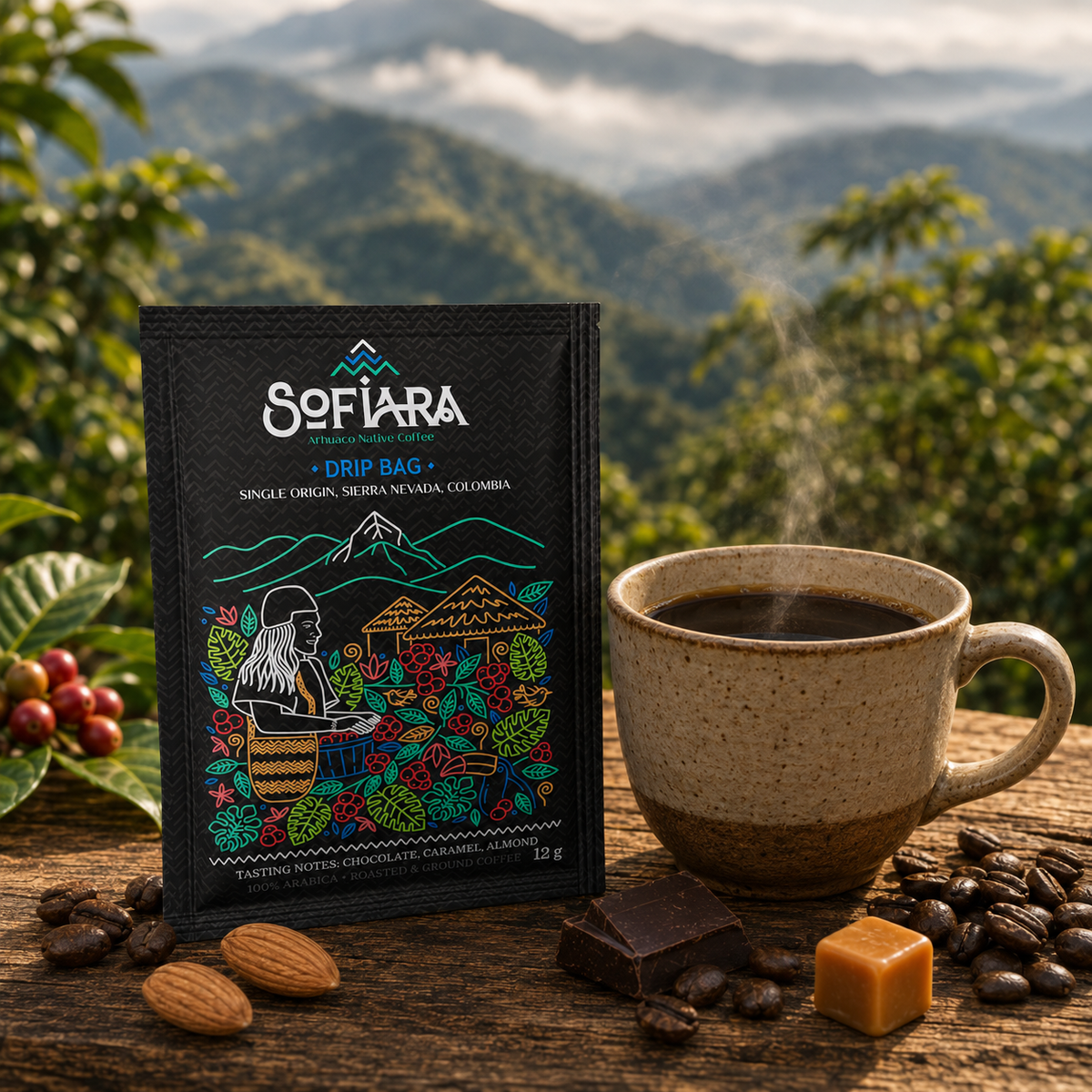 Specialty Coffee ohne Maschine. Aufreißen, aufgießen und genießen. Sofiara Drip Bags – Arhuaco Native Coffee Anywhere | 10 × 12 g