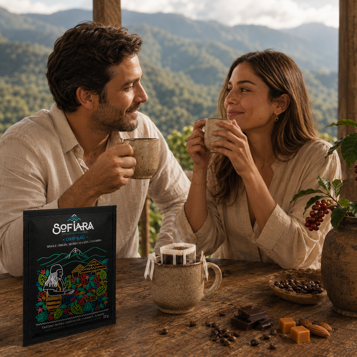 Specialty Coffee ohne Maschine. Aufreißen, aufgießen und genießen. Sofiara Drip Bags – Arhuaco Native Coffee Anywhere | 10 × 12 g