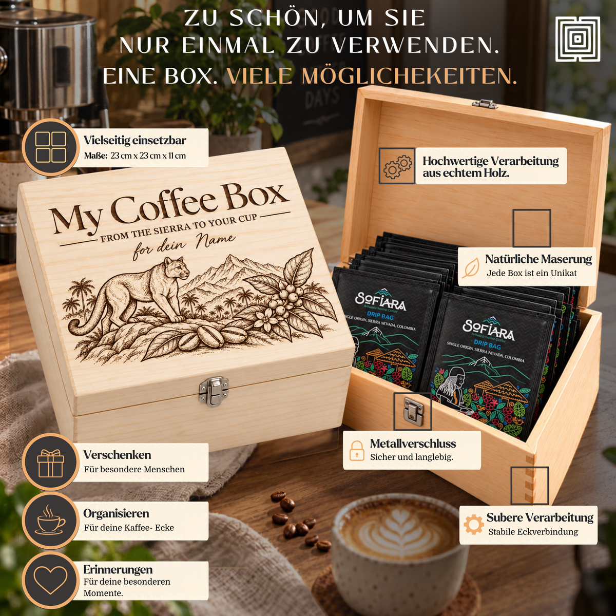 Sofiara Kaffee Geschenkbox personalisiert | 250 g, Thermobecher & Drip Bags