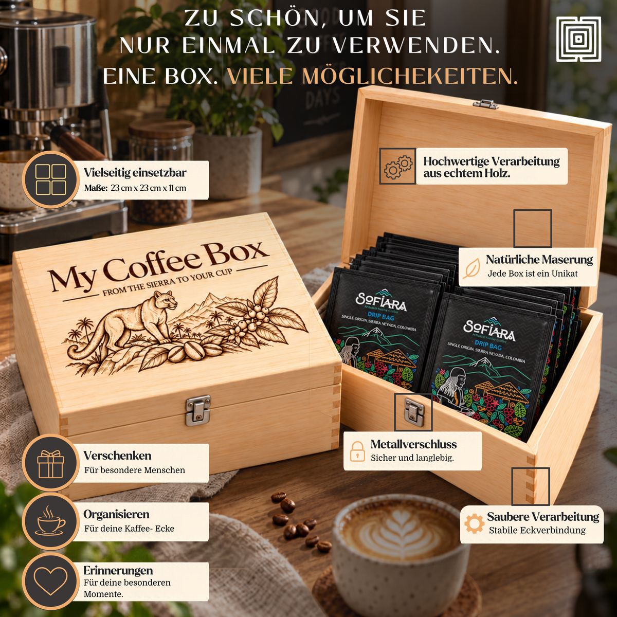 Sofiara Kaffee Geschenkbox | 250 g Arabica, Thermobecher & 3 Drip Bags